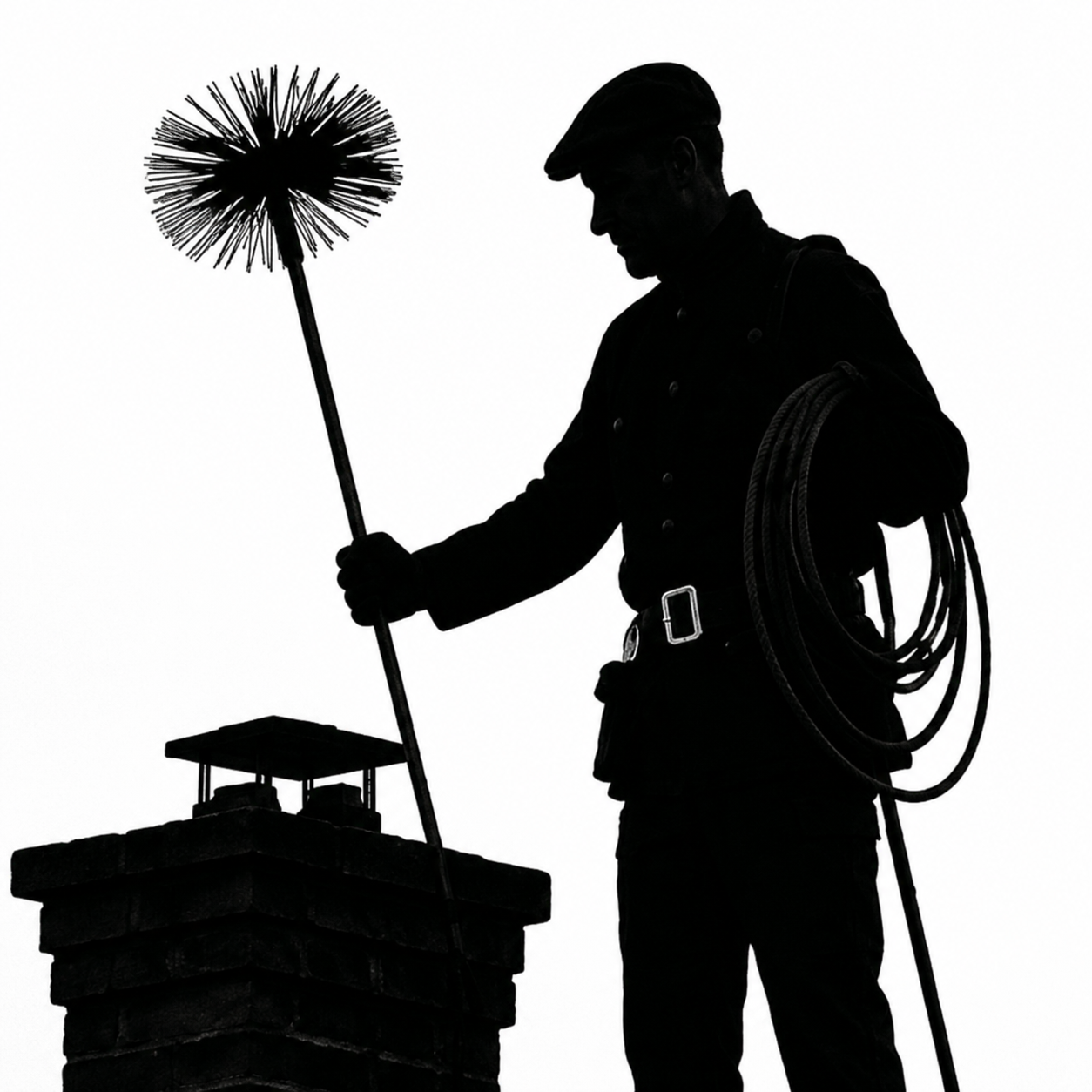 Ramoneur artisan sur un toit, silhouette